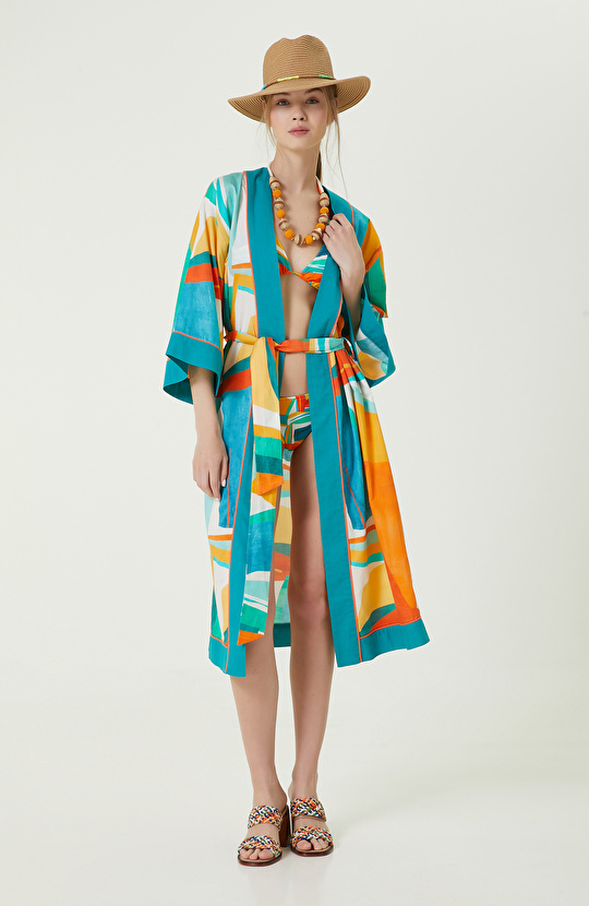 Turkuaz V Yaka Geometrik Desenli Kaftan