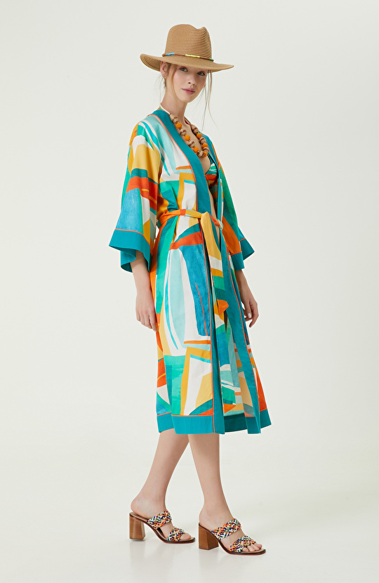 Turkuaz V Yaka Geometrik Desenli Kaftan