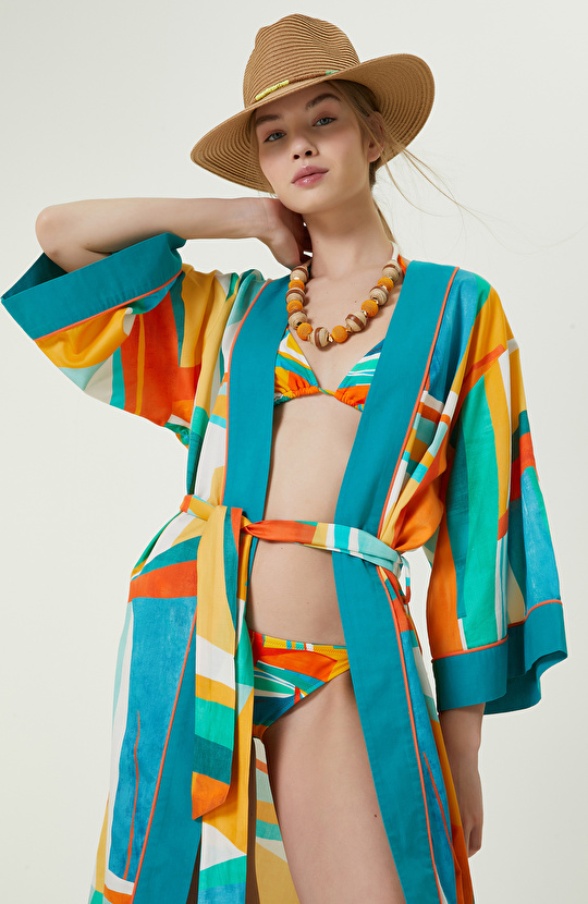 Turkuaz V Yaka Geometrik Desenli Kaftan