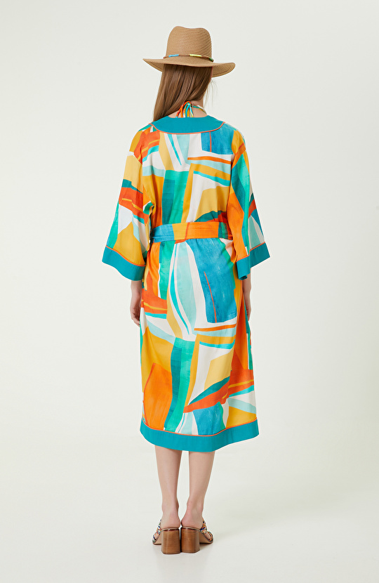 Turkuaz V Yaka Geometrik Desenli Kaftan