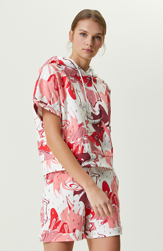 Pembe Beyaz Desenli Kapüşonlu Sweatshirt