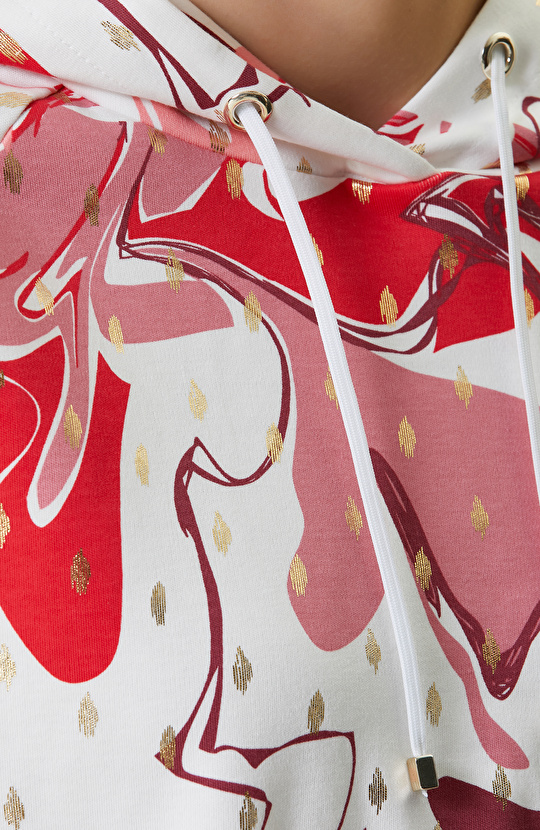 Pembe Beyaz Desenli Kapüşonlu Sweatshirt