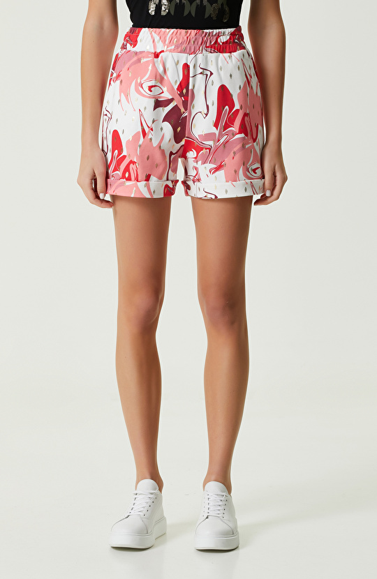 Pembe Beyaz Desenli Duble Paça Şort