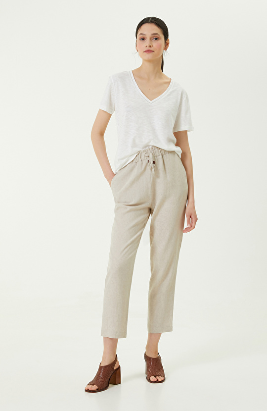 Ekru V Yaka Kısa Kollu Tshirt