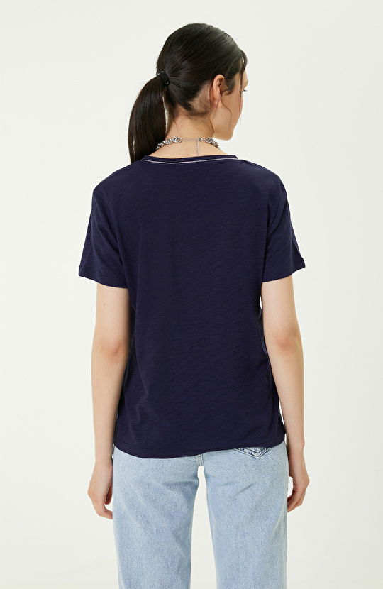 Lacivert V Yaka Kısa Kollu Tshirt