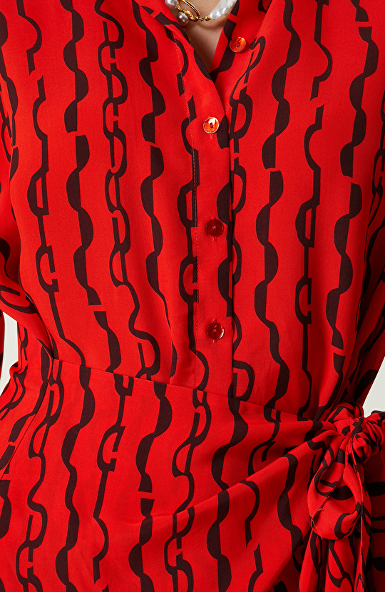 Nar Çiçeği Uzun Kollu Mini Elbise