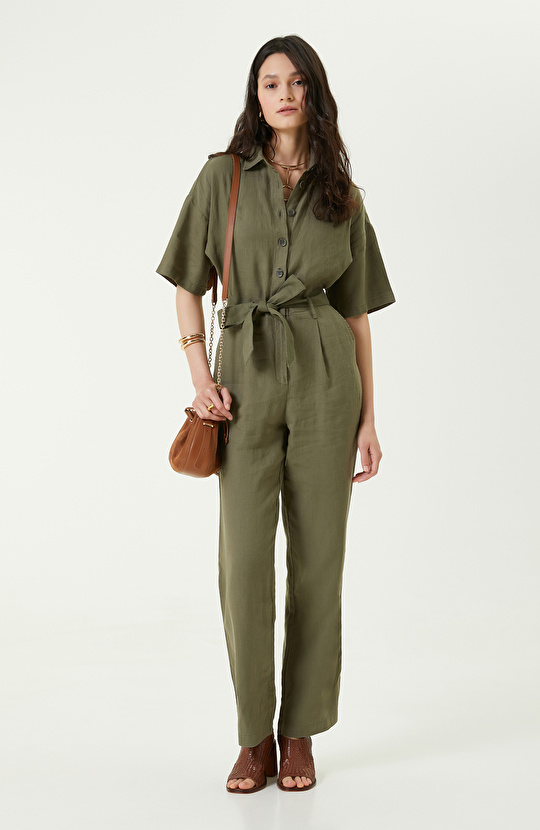 Kısa Kollu Haki Keten Tulum