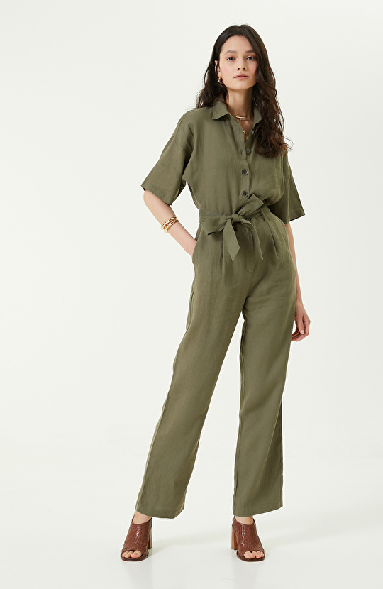 Kısa Kollu Haki Keten Tulum