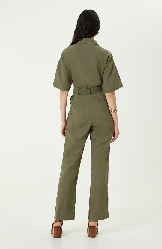 Kısa Kollu Haki Keten Tulum