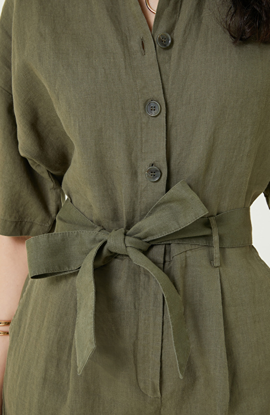 Kısa Kollu Haki Keten Tulum