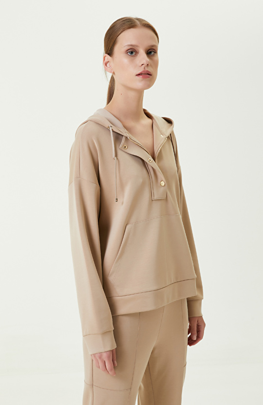 Fermuar Detaylı Bej Sweatshirt
