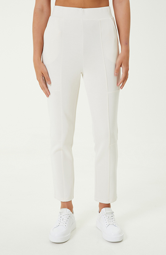 Dikiş Detaylı Ekru Lastik Paça Eşofman