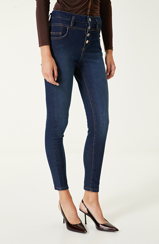 Lacivert Düğme Detaylı Denim Pantolon