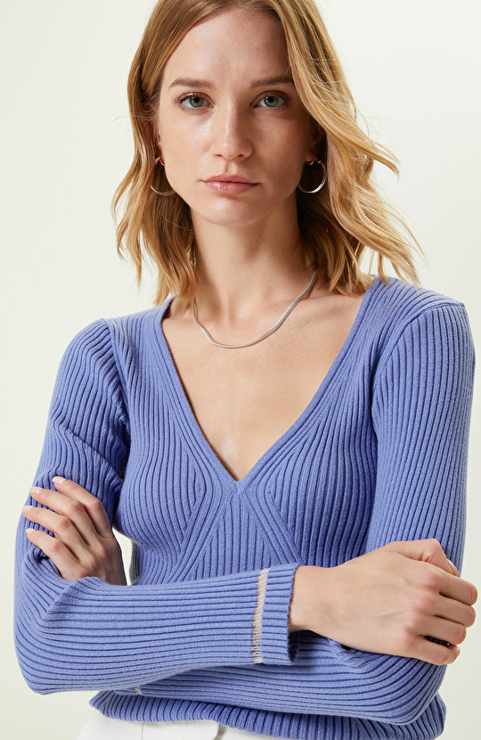 Havacı Mavi V Yaka Triko Kazak