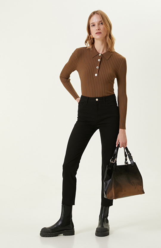 Yağ Yeşili Polo Yaka Triko Kazak