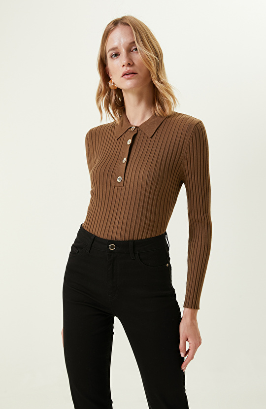 Yağ Yeşili Polo Yaka Triko Kazak