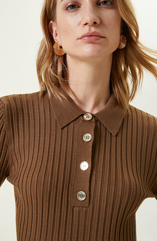 Yağ Yeşili Polo Yaka Triko Kazak