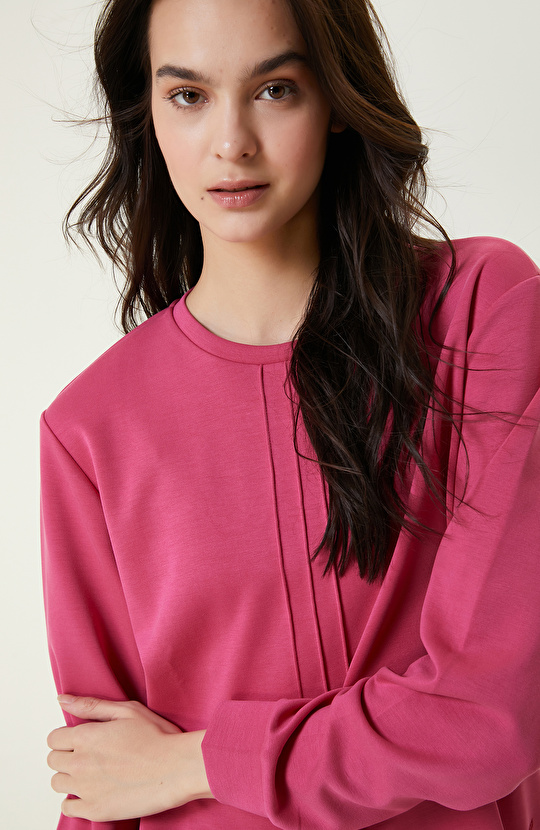 Neon Pembe Bisiklet Yaka Sweatshirt