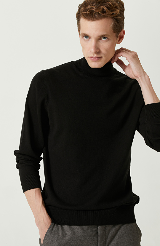 Siyah Balıkçı Yaka Uzun Kollu Kazak