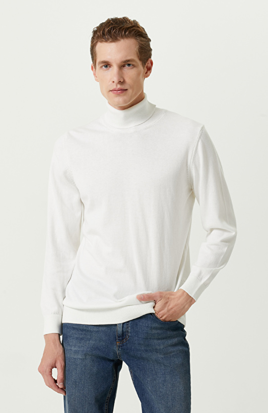 Ekru Balıkçı Yaka Uzun Kollu Kazak