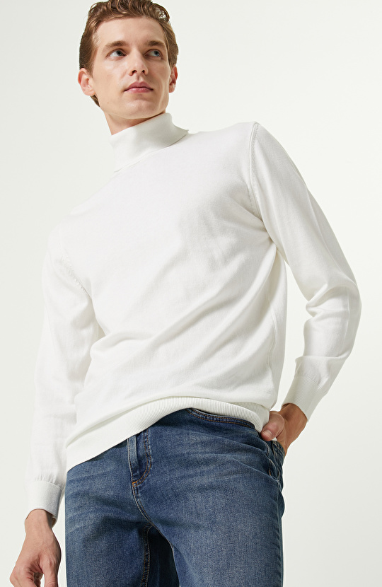 Ekru Balıkçı Yaka Uzun Kollu Kazak