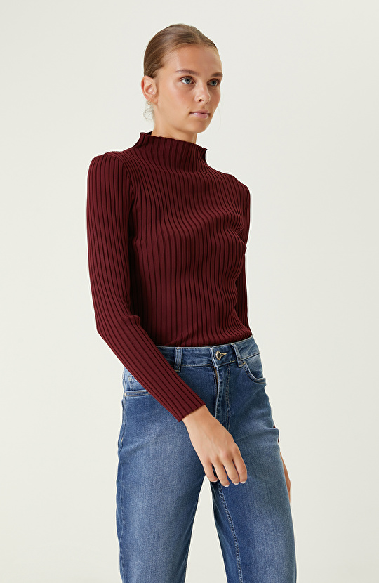 Bordo Ribana Örgü Kazak