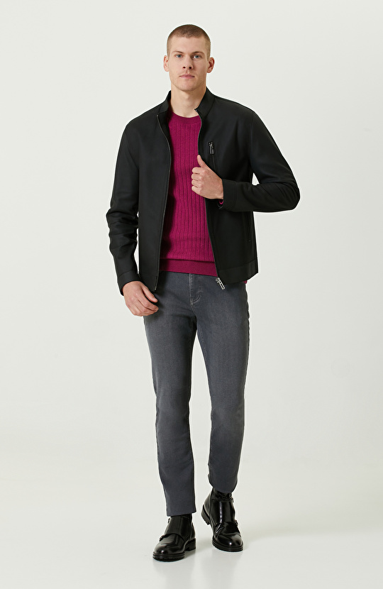 Siyah Dik Yaka Süet Deri Mont