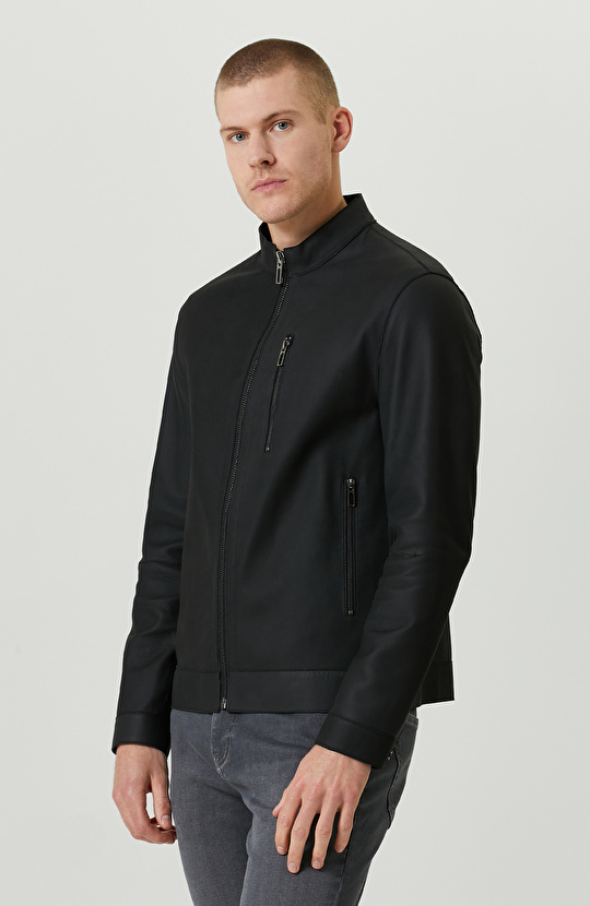 Siyah Dik Yaka Süet Deri Mont