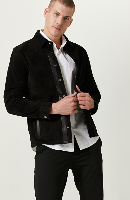 Siyah Süet Deri Gömlek