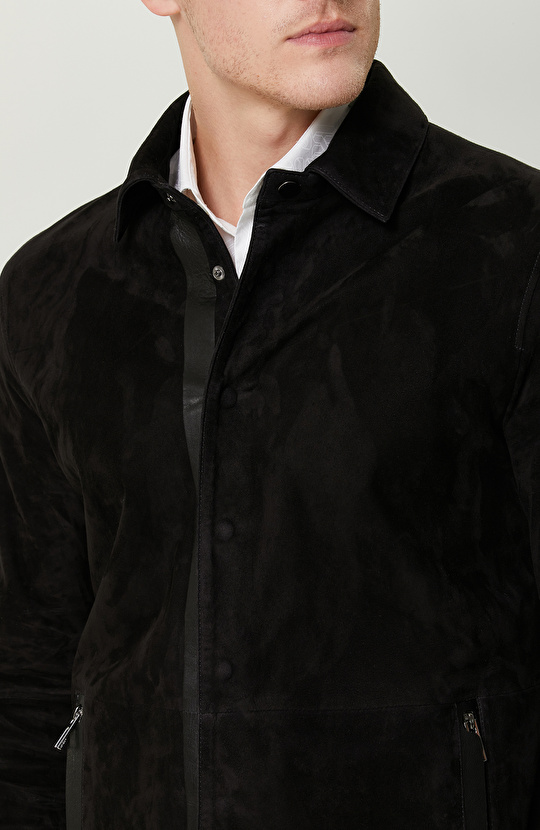 Siyah Süet Deri Gömlek
