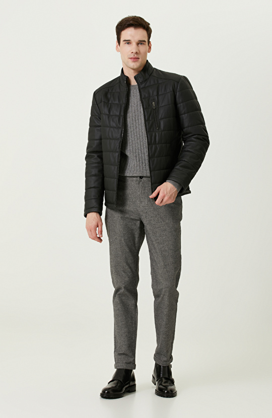 Dik Yaka Siyah Deri Mont