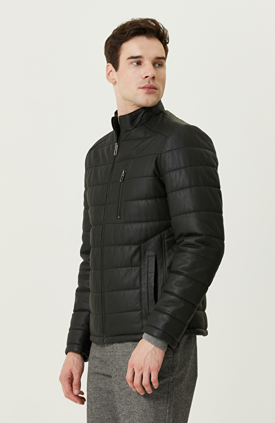 Dik Yaka Siyah Deri Mont