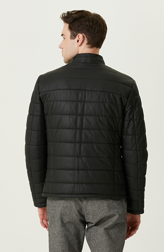 Dik Yaka Siyah Deri Mont