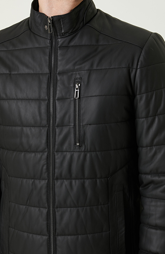 Dik Yaka Siyah Deri Mont