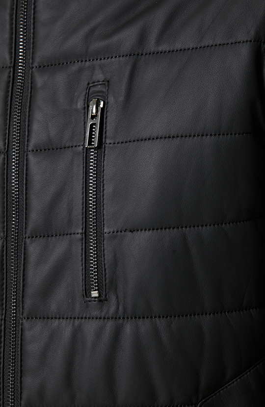 Dik Yaka Siyah Deri Mont