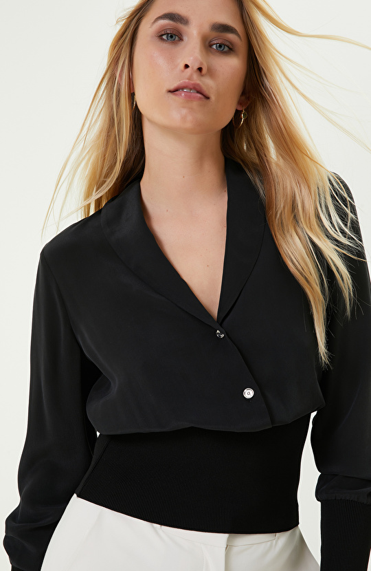 Limited Uzun Kollu Siyah İpek Bluz