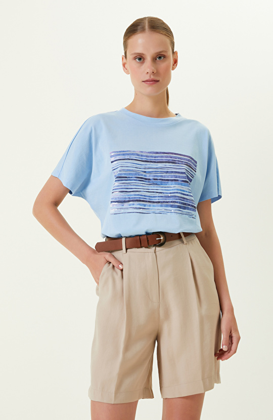 Önü Taş Baskılı Açık Mavi Tshirt