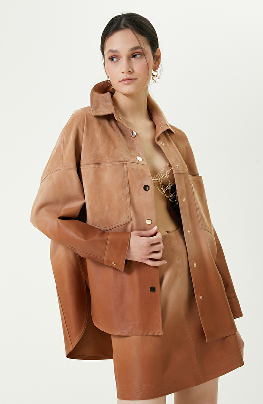 Degradeli Kahverengi Deri Gömlek