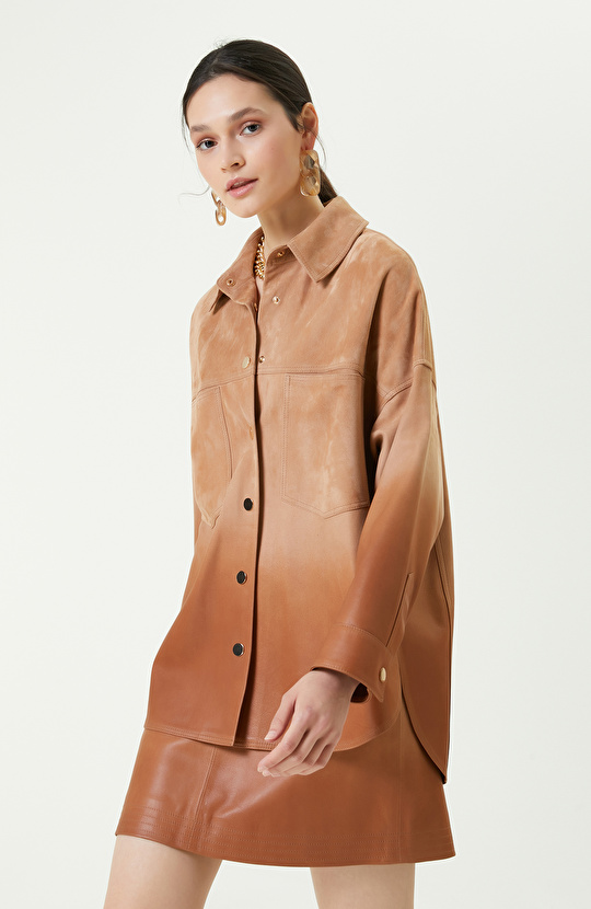 Degradeli Kahverengi Deri Gömlek