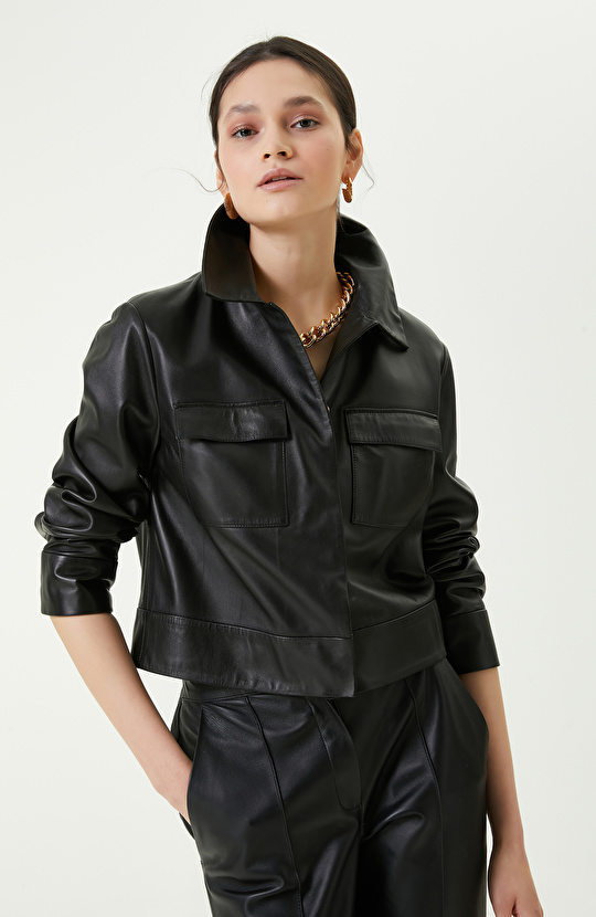 Gömlek Yaka Siyah Deri Mont