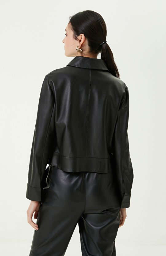 Gömlek Yaka Siyah Deri Mont