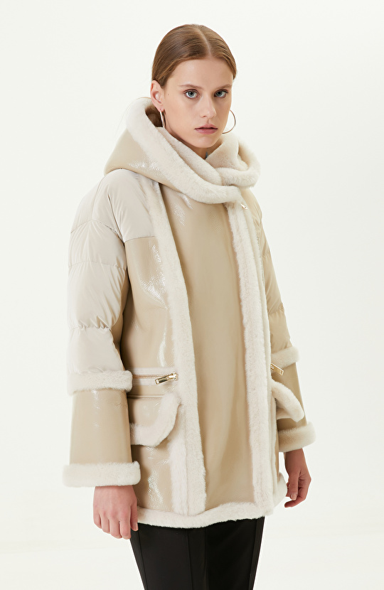 Fermuarlı Ekru Deri Mont