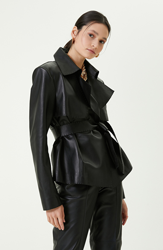 Kemerli Siyah Deri Ceket