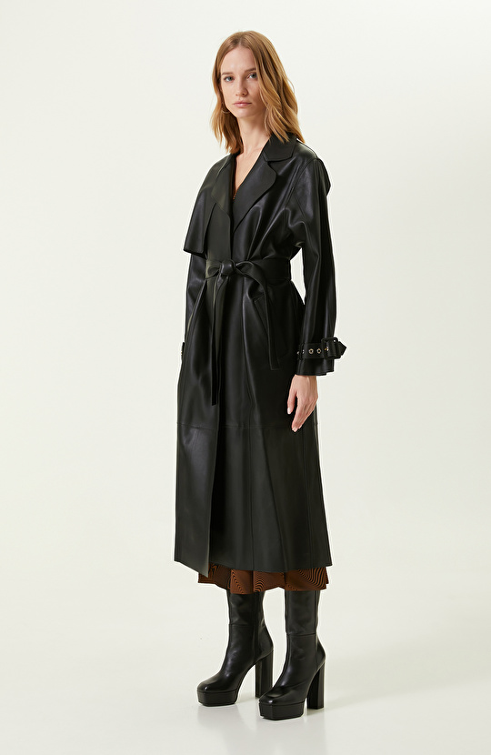 Siyah Kruvaze Deri Pardösü