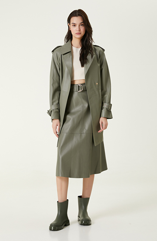 Açık Haki Evaze Deri Etek