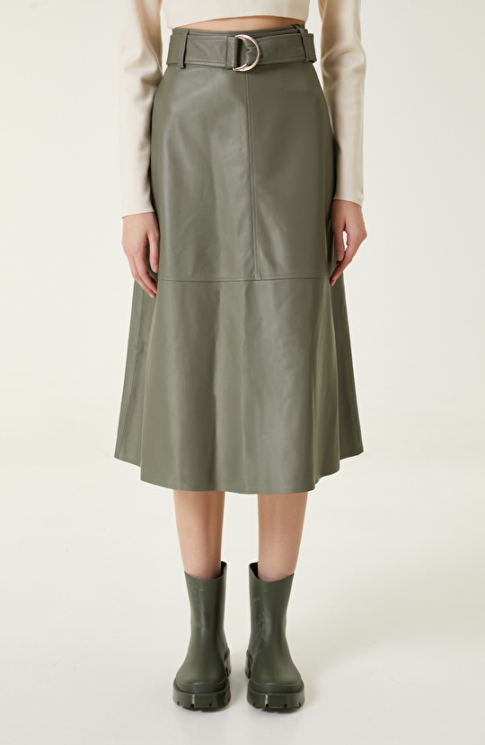 Açık Haki Evaze Deri Etek