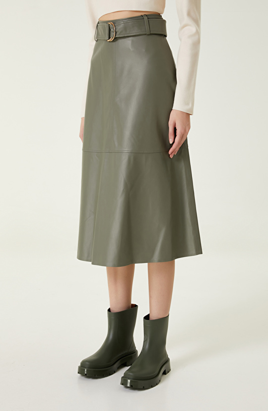 Açık Haki Evaze Deri Etek