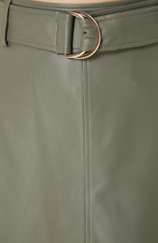 Açık Haki Evaze Deri Etek