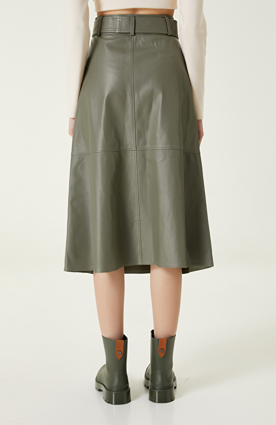 Açık Haki Evaze Deri Etek