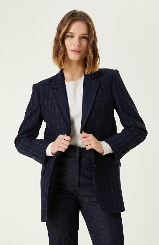 Lacivert Yün Karışımlı Blazer Ceket